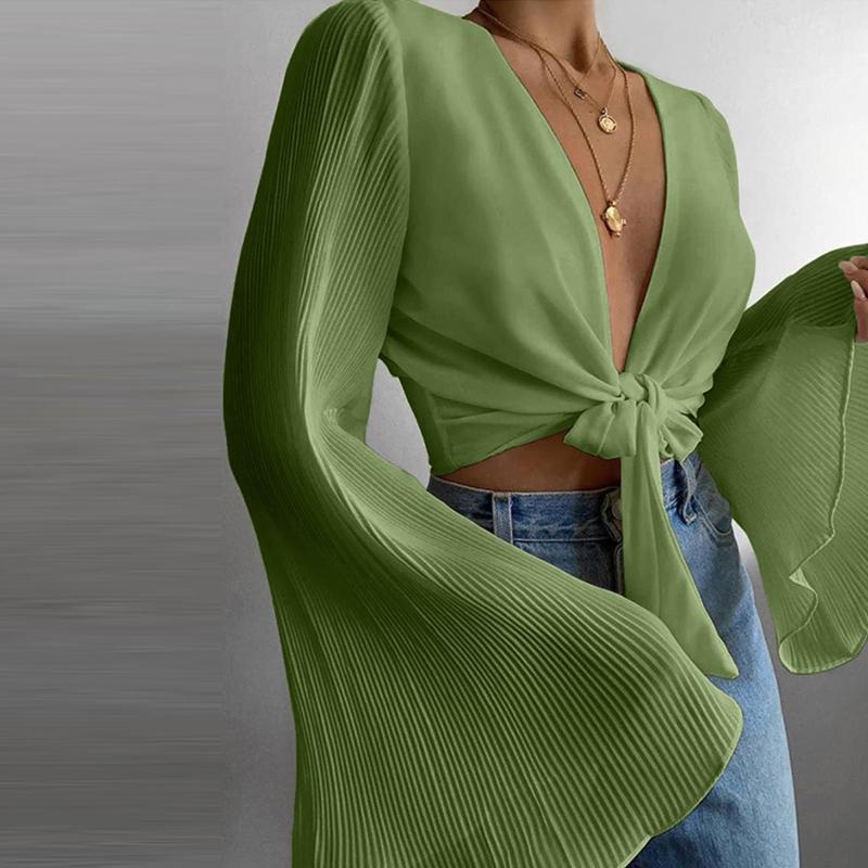 

Women' Swimwear Women Cover Ups Fashion Solid Bell Sleeve Pleated Chiffon Shirt Strap Cardigan Y2k Top Korean Harajuku Beach ClothesWomen, Wh