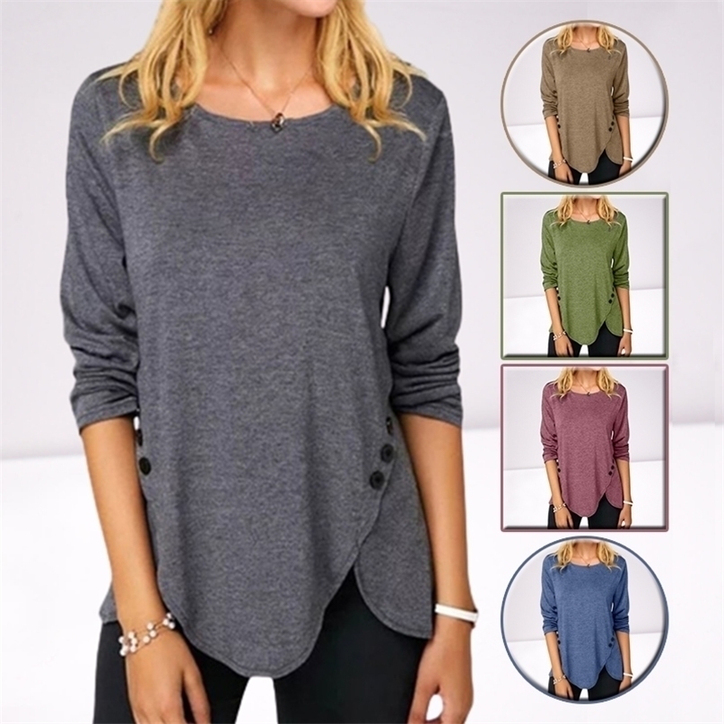 

Button O Neck Solid Color Tunic T-Shirt Women Clothing Long Sleeved Loose Casaul Irregular Pullovers Tops Tee Shirt Femme 220402, Blue