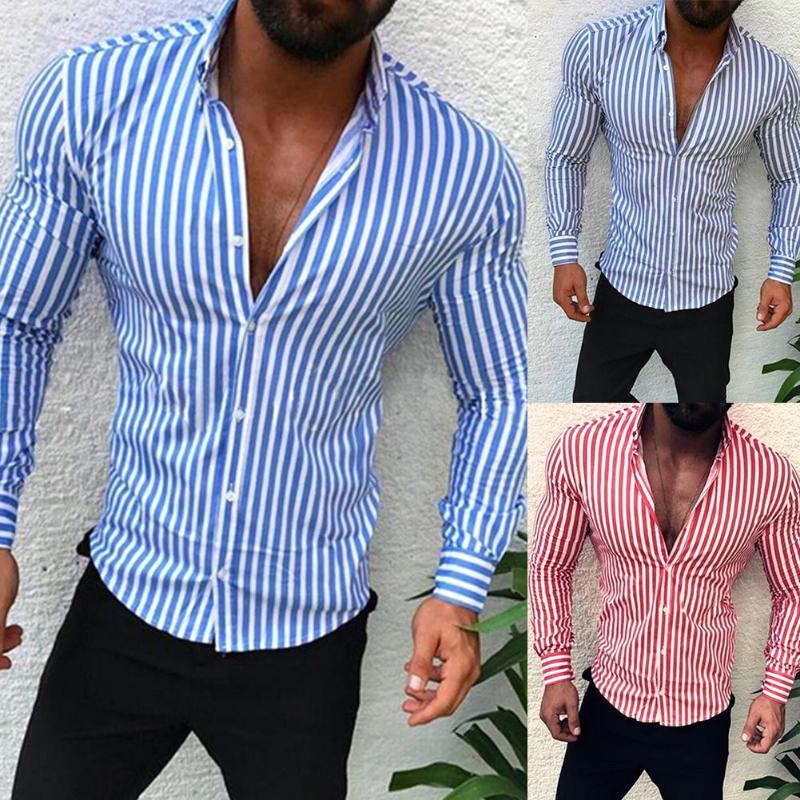 

Men's Casual Shirts Men Turn Down Collar Long Sleeve Vertical Stripes Slim Buttons Shirt, White;black
