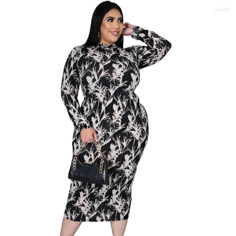 

Plus Size Dresses Autumn Winter Long Sleeve Dress Women Elegant Zipper Turtleneck Floral Print Slim Bodycon Pencil ClothingPlus Jasp22, Black