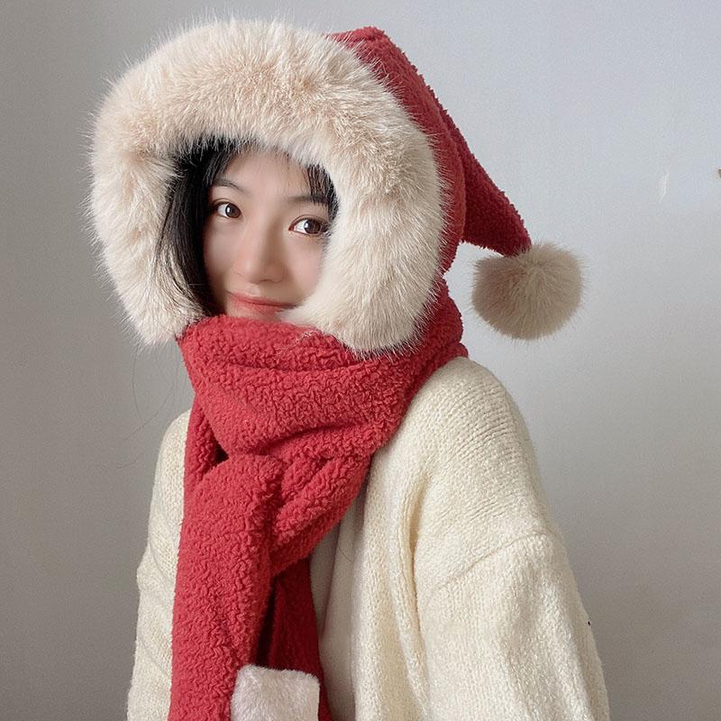 

Berets 2022 Red Christmas Three-Piece Hat Scarf Gloves Winter Cold Warm Thickening Cute Riding Ear Protection Lei Feng