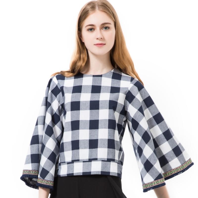 

Women's Blouses & Shirts Dioufond Plaid Women Vintage Cotton Ladies Tops Casual Tassel O-Neck Collar Fashion Korean Style Blusas, White