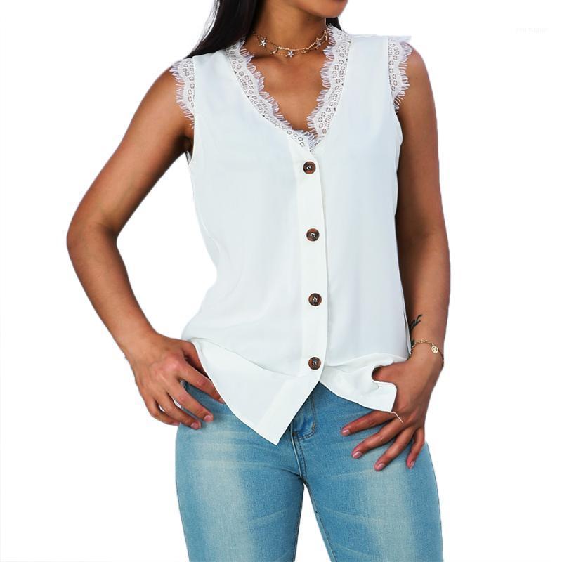 

Women' Blouses & Shirts Elegant Button Women Solid Colour Summer Sleeveless Casual Lace Patchwork Tops Femme Office Lady Blusas 30, White