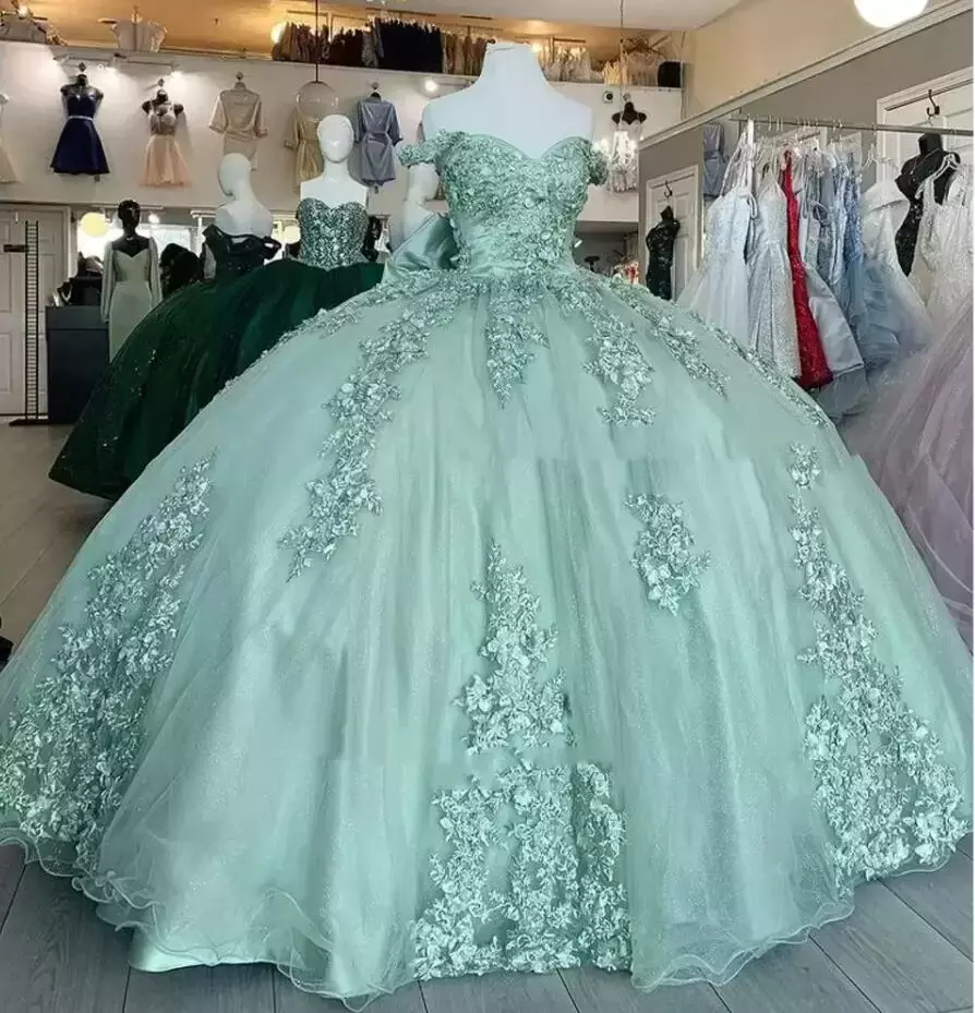 

Sage Green Off The Shoulder Quinceanera Dresses Ball Gown Floral Appliques Lace Bow Back Corset For Sweet 15 Girls Party Prom, Red