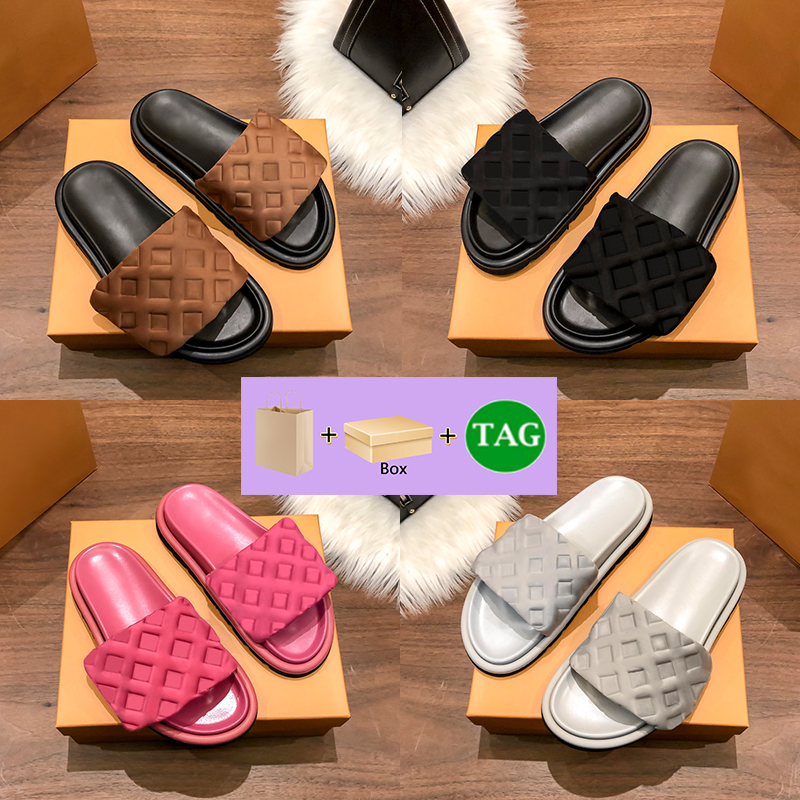 

With box slipper Pool Pillow flat Comfort Embossed Mules designer sandal men women sandals luxury shoes copper triple black pink ivory deep blue beige summer slides, Double box