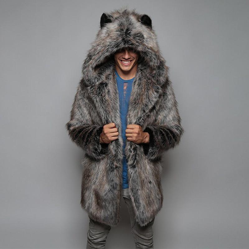 

Men' Jackets Mens Fur Coat Imitation Autumn Winter Clothes Long Windbreaker Men Fashion Sleeve Hooded Cardigan, Gray