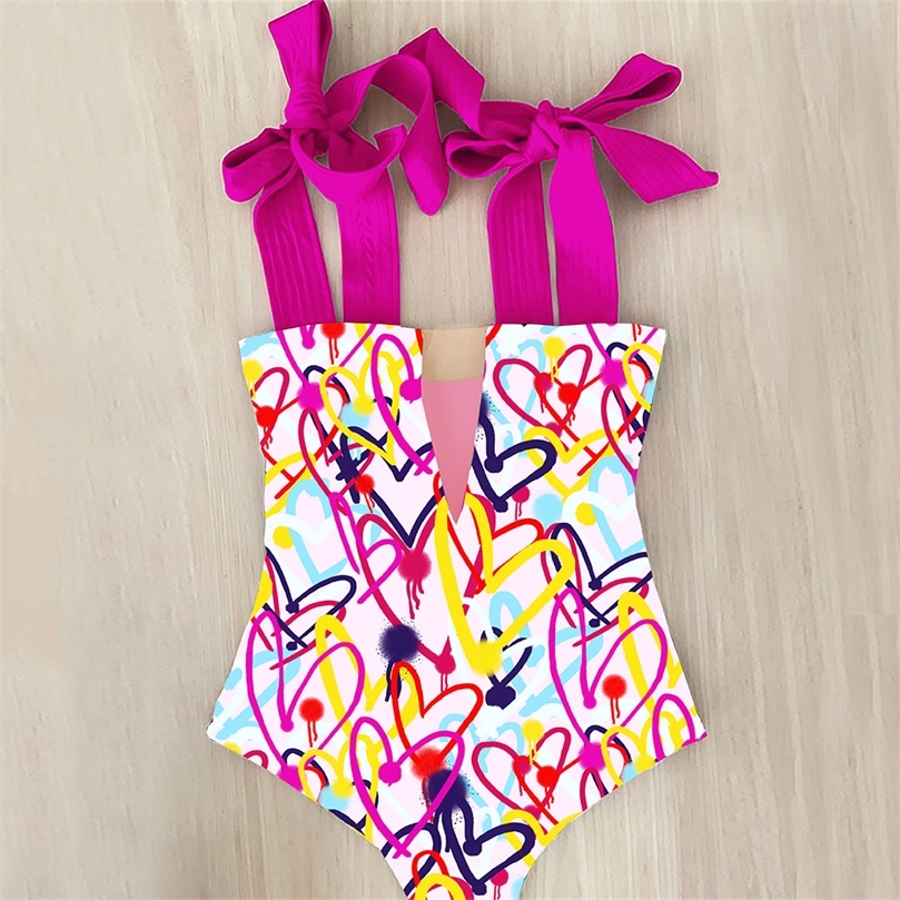 

Sexy Swimsuit Shoulder Strappy Swimsuit Heart print Swimwear Women Backless Bathing Suit Beach Wear Monokini 220401