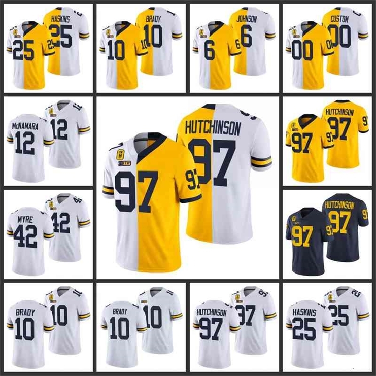 

N3740 Aidan Hutchinson Michigan Wolverines jersey 97 White Maize TM 42 Patch Split Limited Edition J.J. McCarthy Tom Brady Josh Ross College, Split limited edition jersey