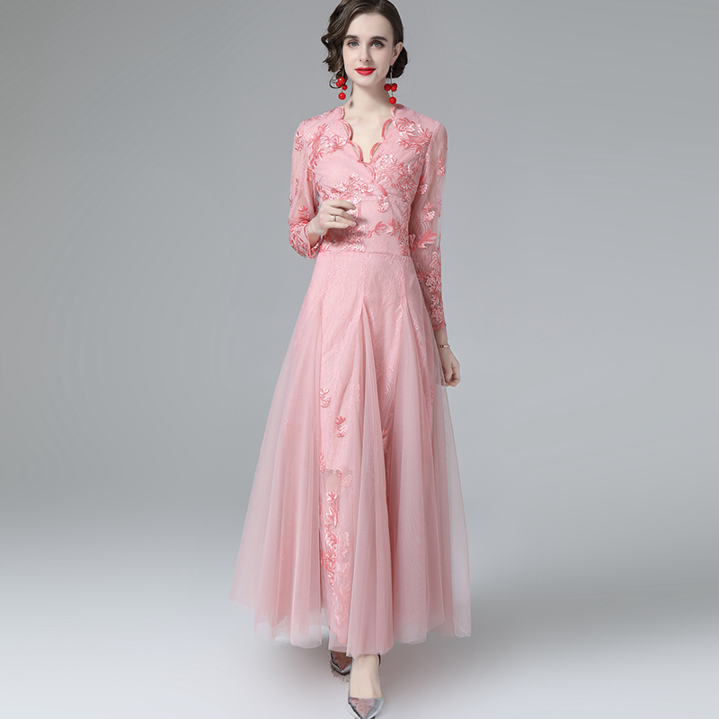 

Women' Runway Dress Sexy V Neck Long Sleeves Embroidery Bodice Patchwork Fashion Elegant Designer Party Prom Vestidos, Pink