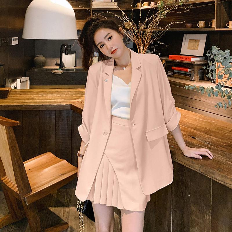 

Two Piece Dress Summer Thin Suit Pleated Hakama Set 2022 Korean Version Loose Temperament Slim Blazer And Skirt Women Outfit Zh697Two, Pink