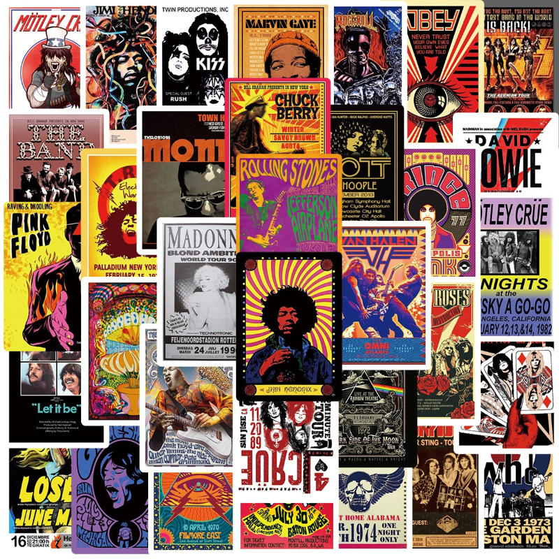 

50Pcs/Lot Retro rock poster rock band stickers Rock and roll graffiti Stickerfor DIY Luggage Laptop Skateboard Motorcycle Bicycle Sticker, Multi colors