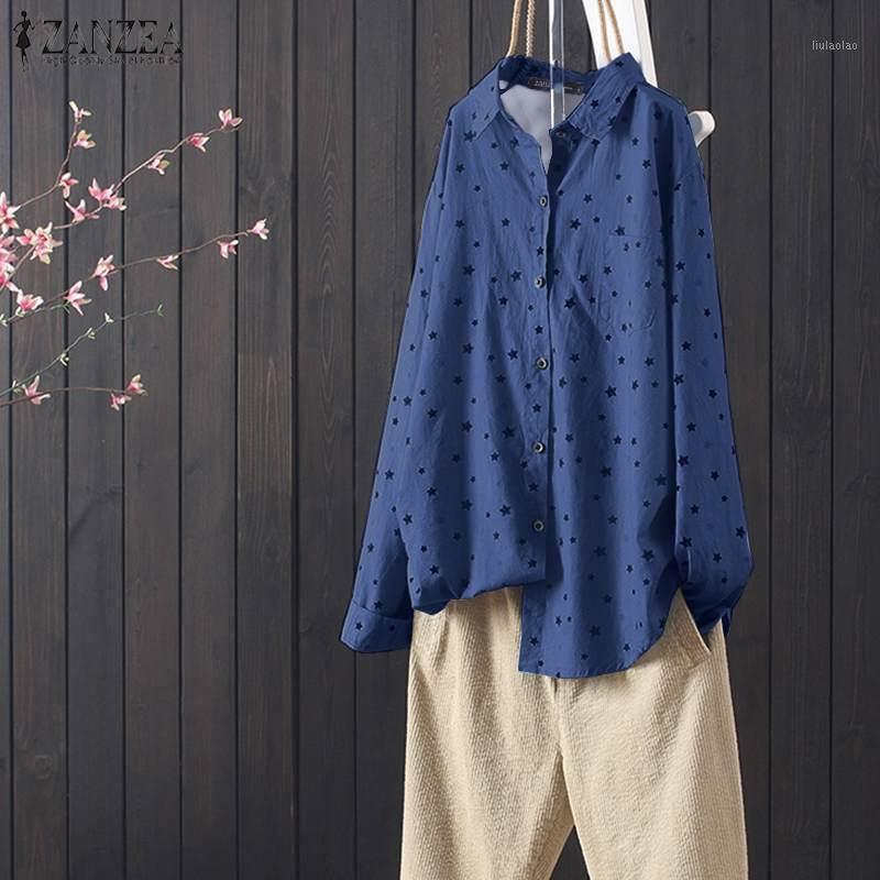 

Women' Blouses & Shirts Vintage Long Sleeve 2022 Spring Stars Printed Blouse Women Lapel Work Blusas Chemise Tunic Tops Female Plus, Blue