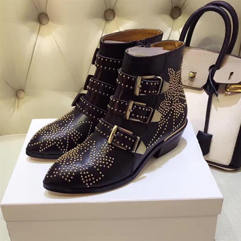 

New Brand luxury women boots Fashion Rivets genuine leather women gold studded strap ankle boots low heel gladiator spike boots326l, Picture color