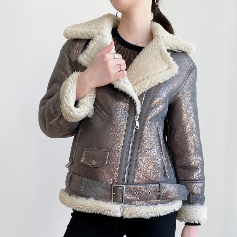 

Women's Fur & Faux Fashion Double Faced Winter Jacket Women Belt Coat Genuine Leather Natural Merino Sheep Outerwear LocomotiveWomen's, Green