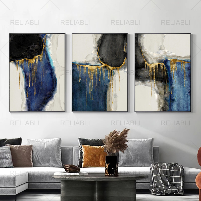 

Abstract Blue Golden Art Modern Canvas Painting Wall Art Posters and Prints Wall Picture for Living Room Home Decor No Frame