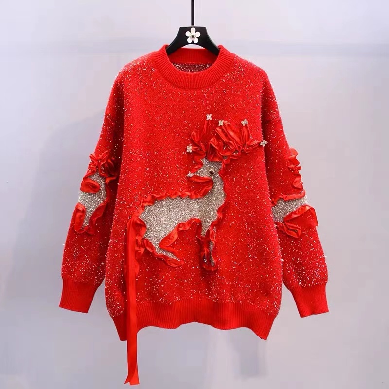 

Women Sweater Christmas Deer Female Soft Knitting Sweaters Autumn Spring O-Neck Pullover Fashion Loose Knit Jumper Clothing, Red