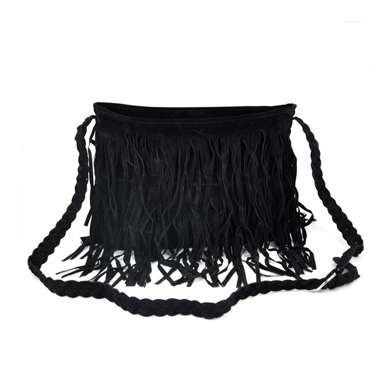 

Evening Bags -Boho Hippie Fringed Tassel Suede Shoulder Messenger X Body Hand Purses - Black