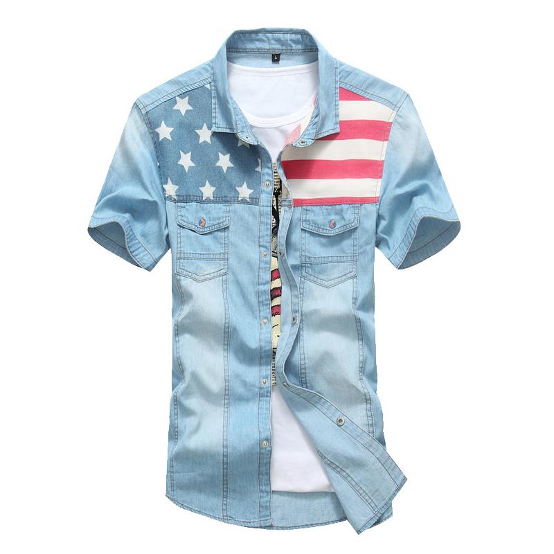 

Men's Casual Shirts Men Jeans Summer Cotton Water Washing Male Tops Short Sleeve Flag Of The America Denim, White;black