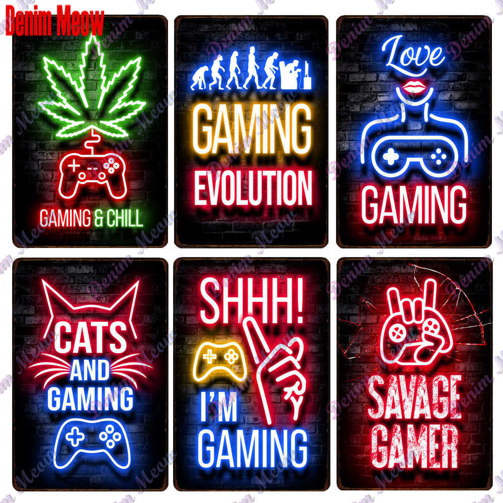 Vintage Gamer Quotes Neow Light Metal Tin Sign Gaming Time Plates Gaming Zone Decor for Playroom Living Room Art Poster-image-763047807