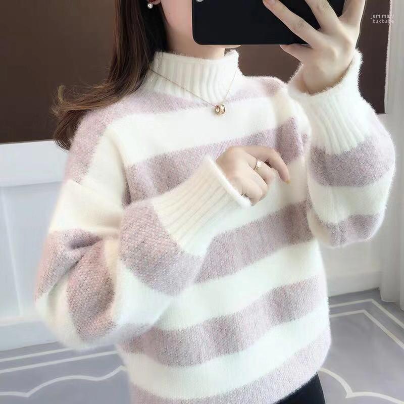 

Women's Sweaters 2022 Korean Stripe Contrast Color Women Sweater Casual Knitted Streetwear Pullovers Female Jumper Jemi22, Blue