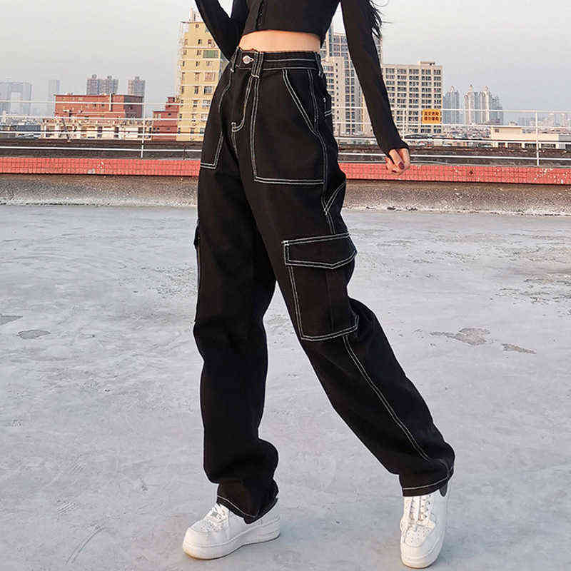 

European and American Pockets Patchwork Baggy Jeans Women Cotton Denim Trouser Loose Cargo Pants Streetwear T220728, Black