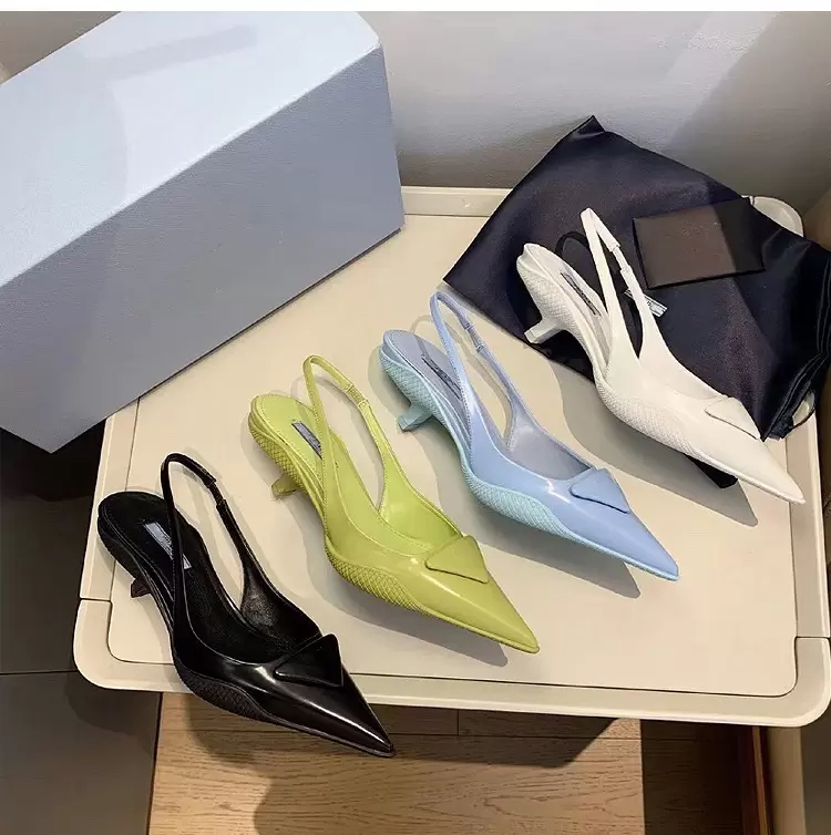 

Designer women's sandals high heels pointed high heels letter triangle slippers sexy fashion dress shoes cat heel prada pradas ankle strap, Color 1