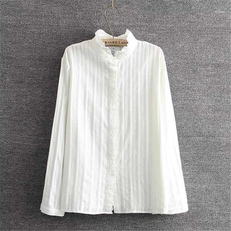 

Women's Blouses & Shirts 2022 Spring 4XL Plus Size Vertical Pleats Ruffled Collar Women Shirt Solid White Full Sleeve Ladies Elegant Blouse, As pic