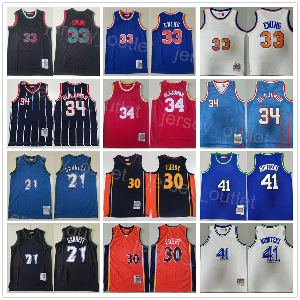 Men Mitchell and Ness Basketball Kevin Garnett Vintage Jersey 21 Dirk Nowitzki 41 Hakeem Olajuwon 34 Patrick Ewing 33 Stephen Curry 30 Retro Black N