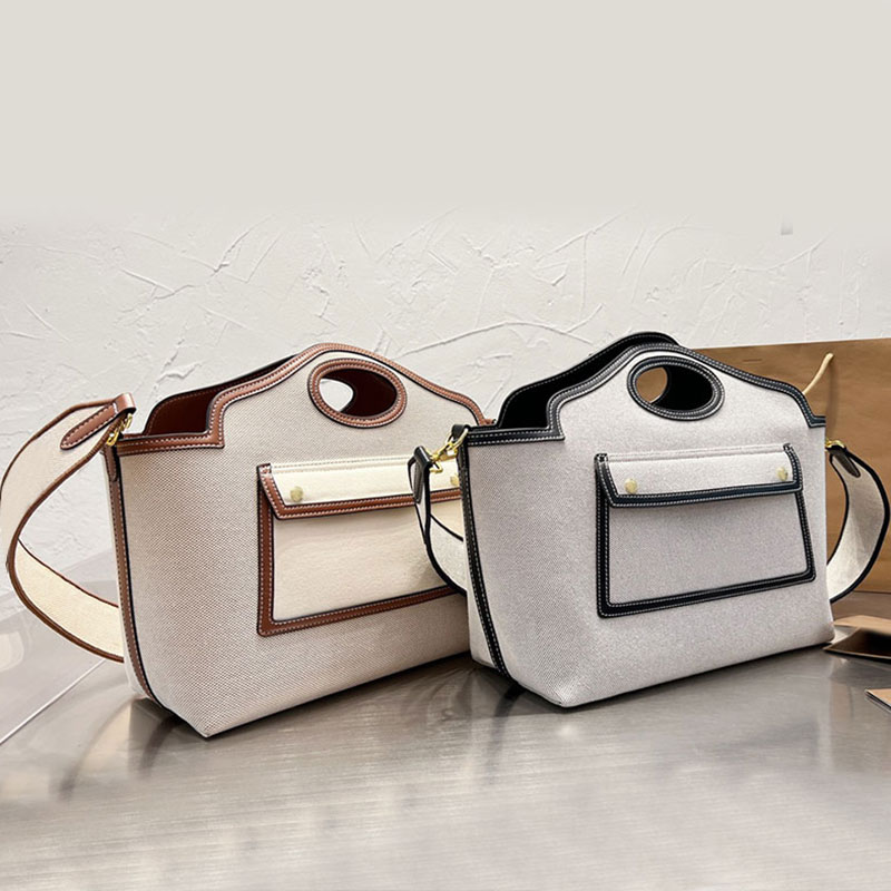 

Classic Crossbody Shop Bag Canvas Tote Bags Two-tone Women Handbags Double Handle Genuine Leather Plain Purse Top Quality Detachable Embroidered Letter Wide Strap, Just a box is not sold separately
