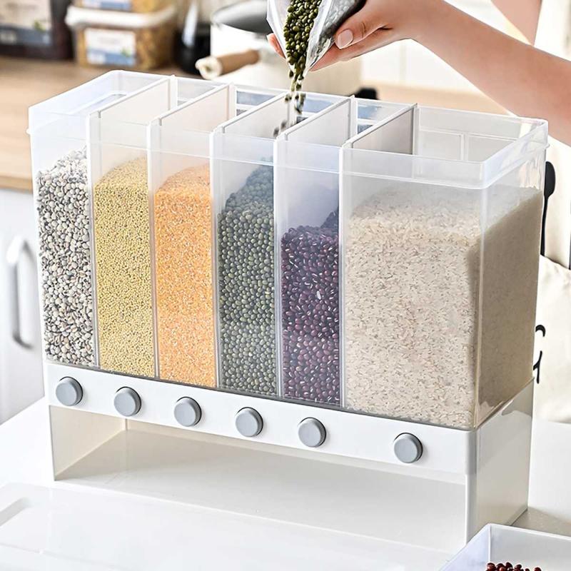 

Hooks & Rails 10KG Wall Mounted Divided Rice And Cereal Dispenser 6 Moisture Proof Plastic Automatic Racks Sealed Food Storage Box