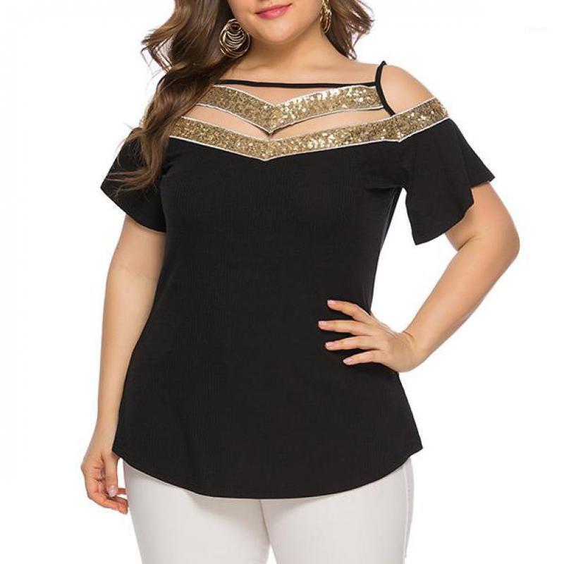 

Spring Summer Large Size Women's Clothing Sequined Neck Bling Shining Casual Blouse Short Flare Sleeve Female Shirts -5xl Blouses, Black