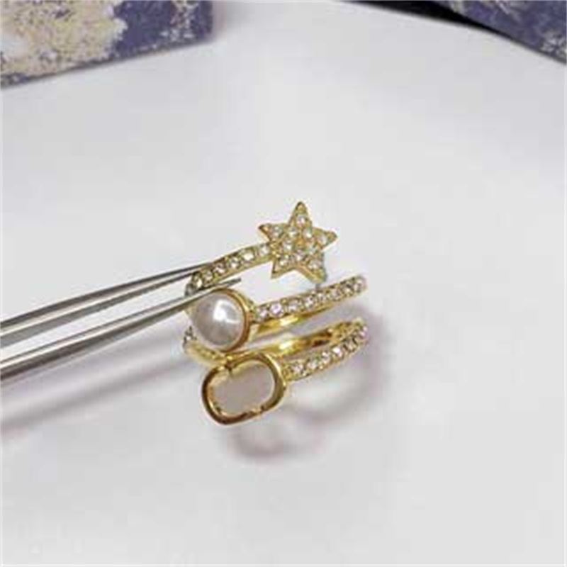 

Fashion Letter Engagement Rings Diamond Set Pearl Open Ring With Star For Women Gold Rings Ornaments Luxury Designer Jewelry