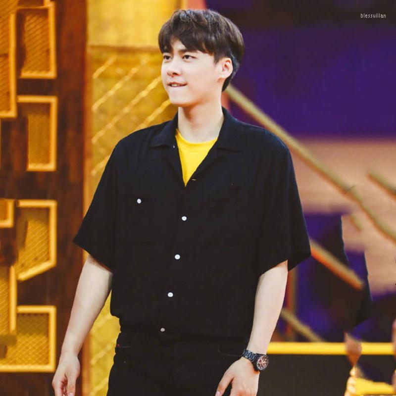 

Men' Polos Shirt 2022 Men' Spring And Summer Li Yifeng Same High Street Cuba Collar White Button Short Sleeve ShirtMen' Men'sMen' Bl, Black