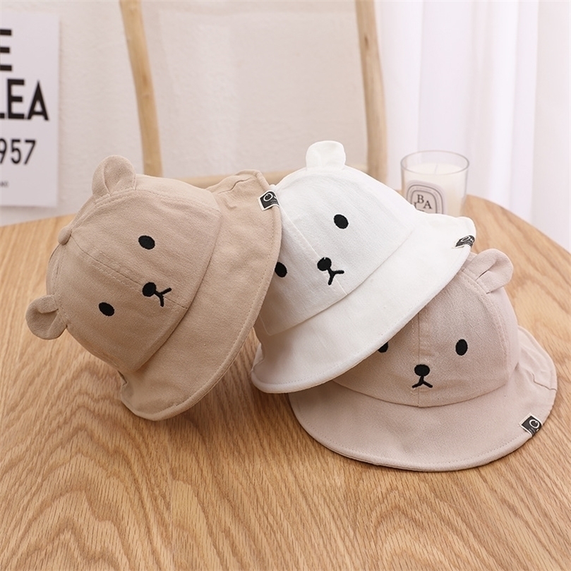 

Baby Summer Bucket Hats For born Infant Cute Embroidery Bear Hat With Ears Outdoor Soft Cotton Toddlers Panama Sun Cap 220519, White