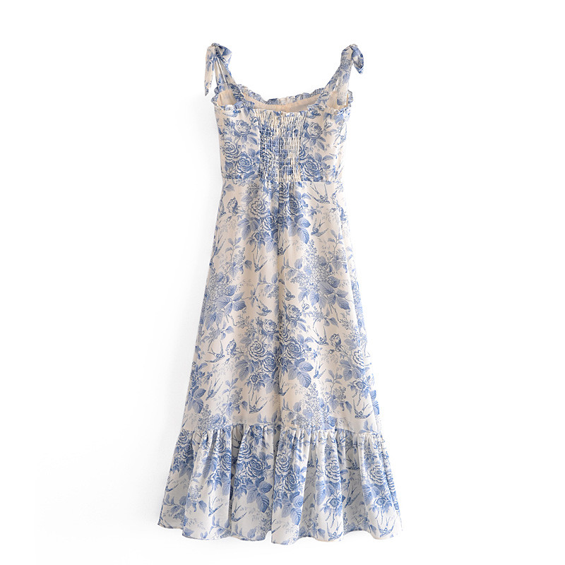 

2022 Summer Dress New Lace Up Bowknot Spaghetti Strap High Waist French Vintage Printed Ruffle CamisoleFemale Fashion, As pic