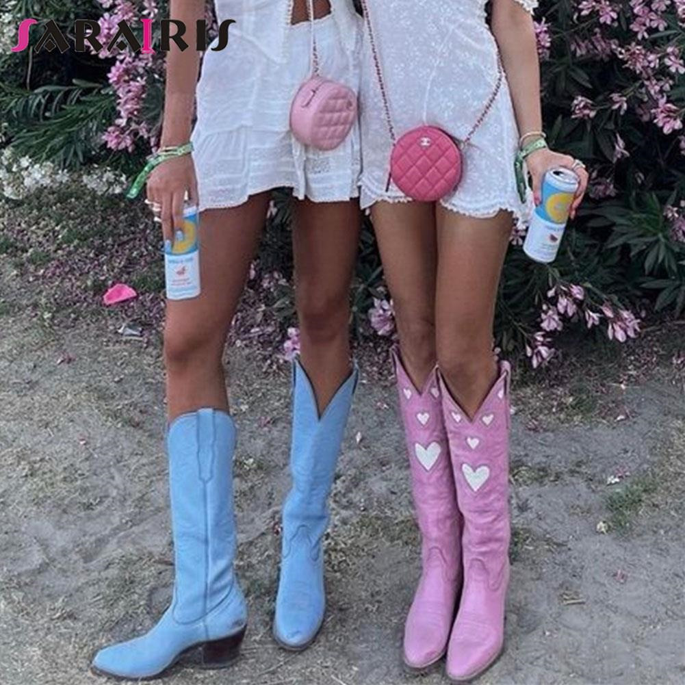 

INS Hot Vintage Cowboy Boots Women Chunky Heels Heart Classic Retro Autumn Winter Western Mid Calf Boots Shoes Woman Big Size 48T220718, Brown