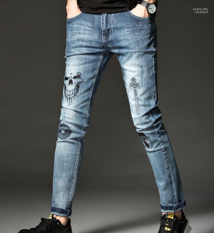

Skull Mens Hop-hip Embroidery Soft Stretch Cotton Denim Slim Light Blue Jeans Vintage Casual Streetwear Pants Heat22