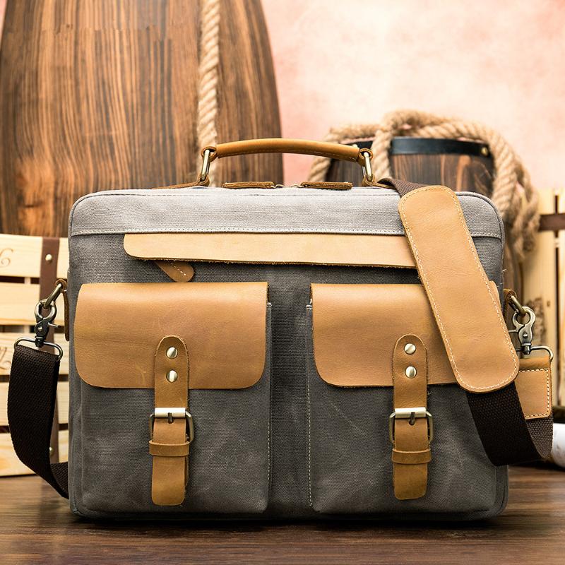 

Briefcases Arrival Casual Vintage Men's Briefcase Canvas&crazy Horse Cow Leather Large Men Bag Handbag Business Bags 14" Laptop, Gray