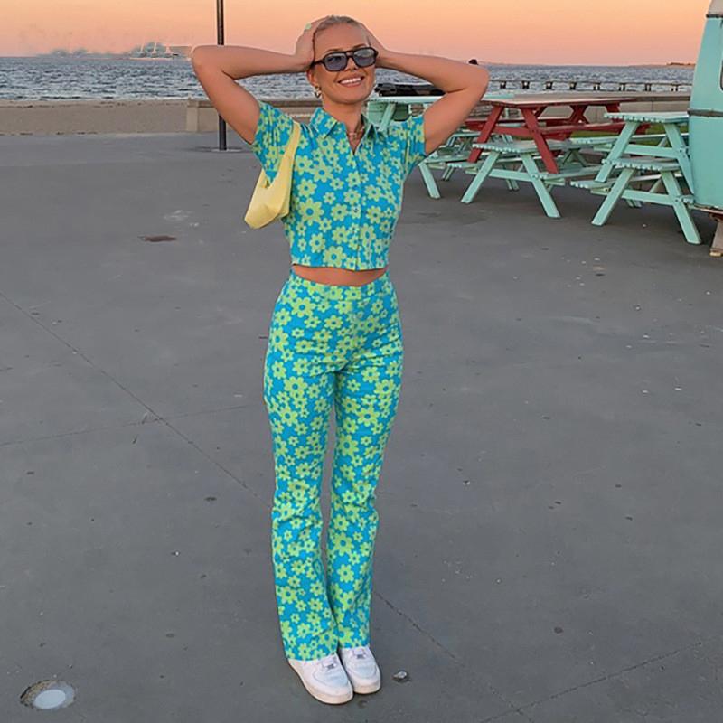 

Women' Pants & Capris Floral Printed Women Sets 2022 90s 2PCS Suit Short Sleeve Shirts And High Waist Lonf Fashion Y2K Streetwear Girls Cut, Blue