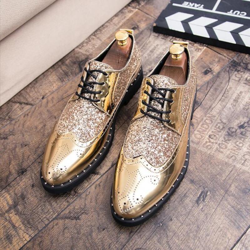 

Dress Shoes Gold Brogue Oxford For Men Italian Formal Wedding Footwear Male Patent Leather Bling, Black