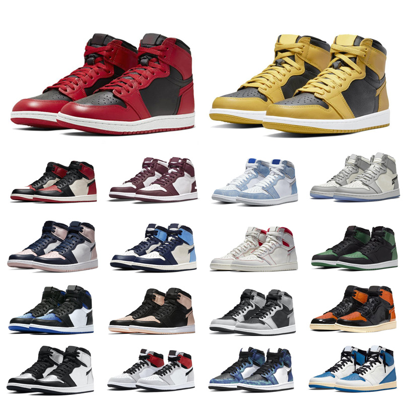 

New Men Women Basketball Shoes 1s 1 Bred Patent University Blue Digital Pink Smoke Grey Outdoor Mens Trainers Sports Sneakers, Varsity bred