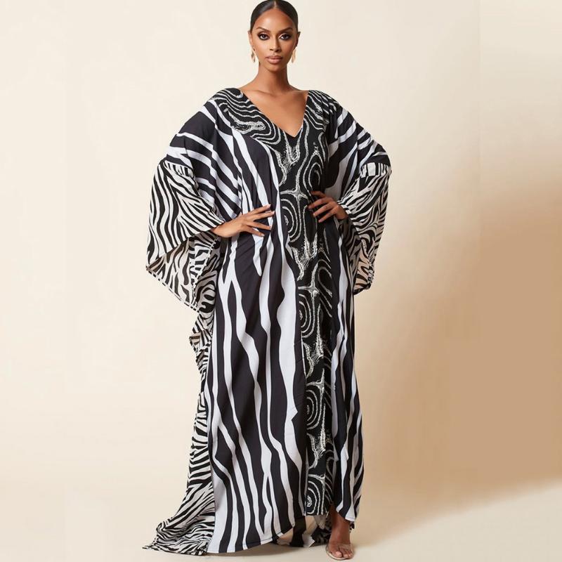 Women&#039;s Swimwear Bsubseach Women Plus Size Kaftan Dresses Long Bathing Suit Cover Up V Neck Batwing Sleeve Loungewear Zebra Stripes PrintWom-image-775119149