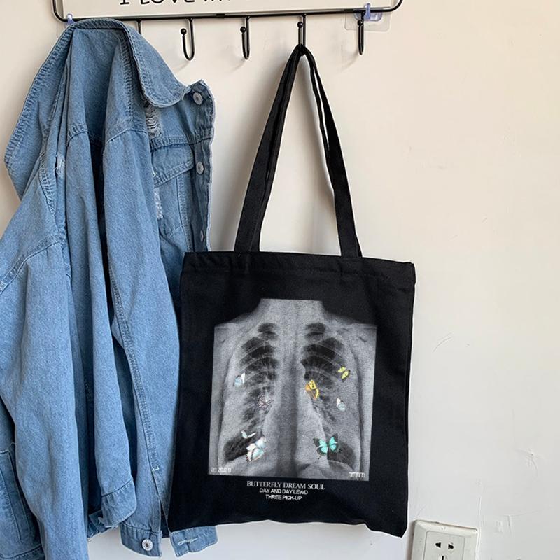 

Evening Bags Gothic Butterfly Skull Print Vintage Canvas Bag Big Capacity Women Hip-hop Shopper Grunge Casual Y2k Shoulder, Fen
