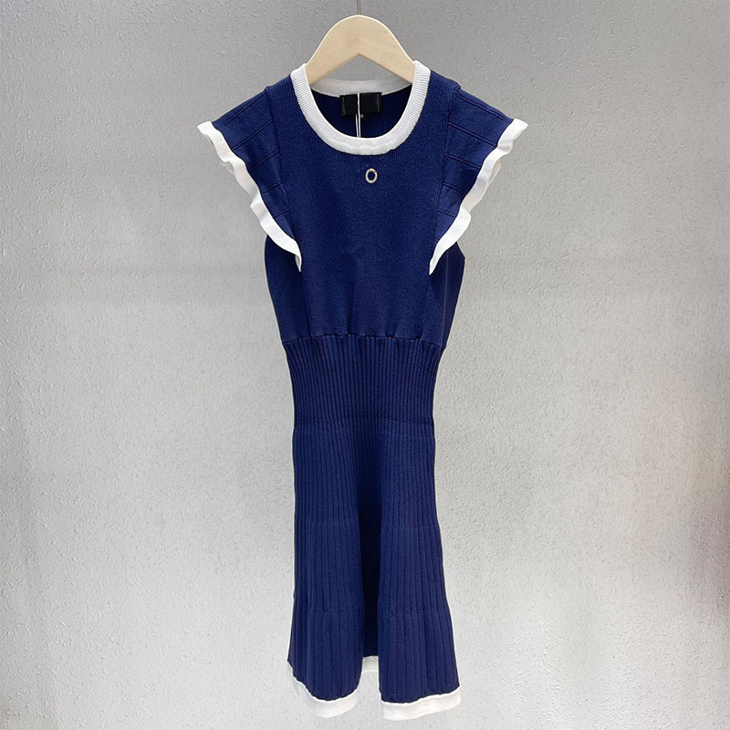 

Retro Stripes Jacquard Elegant Dress Women New Summer O-neck Short Sleeve Slim Fit Casual High Waist Long Dresses, Blue