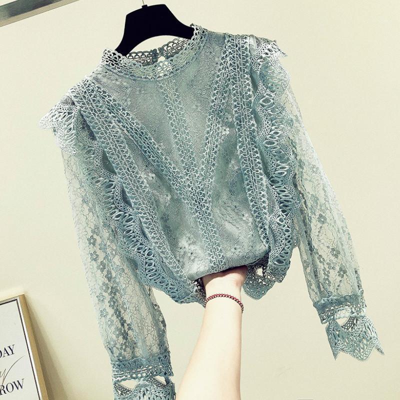 

Women's Blouses & Shirts Sweet Women Blue Lace Hook Flowers Chiffon Stand Collar Patchwork Sexy Long Sleeved Hollow Tops Blusas Mujer 2022, Thin