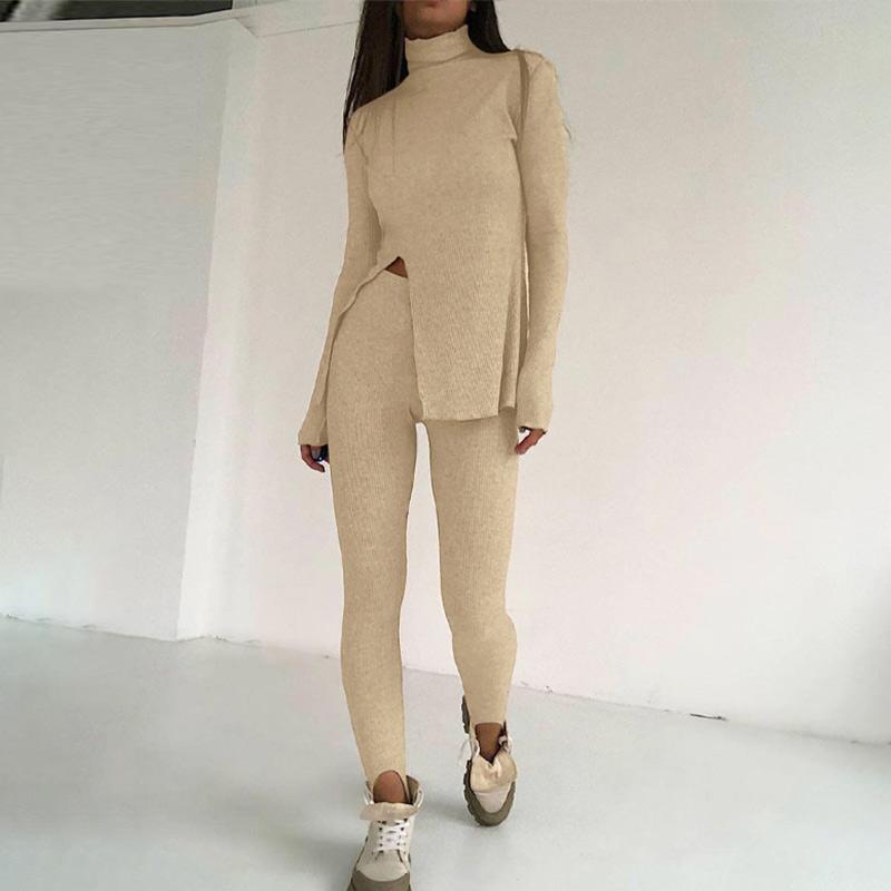 Women&#039;s Two Piece Pants Women Knitted Skinny Set Turtleneck Side Split Top And Legging Suits Spring Autumn Bodycon Fitness Tracksuit-image-759686424