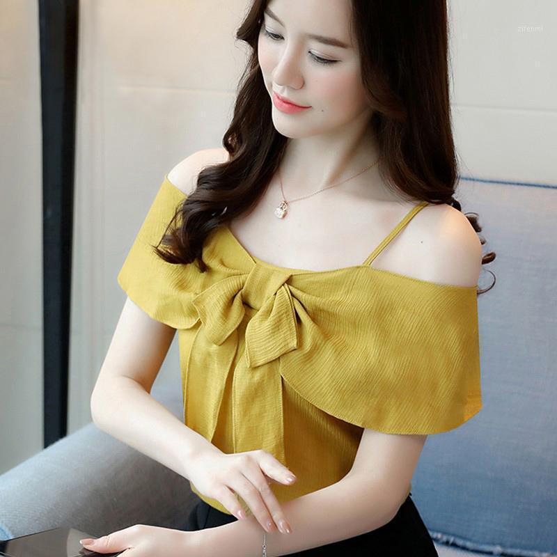 

Women' Blouses & Shirts Off Shoulder Tops Feminine Summer Chic Bow Short Sleeve Ruffle Chiffon Blouse Ladies, Khaki
