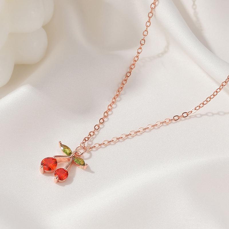 

Chains 2022 Fashion Sweet Little Cherry Necklace For Women Copper Inlaid Zircon Fruit Pendant Winter Wild Sweater Chain