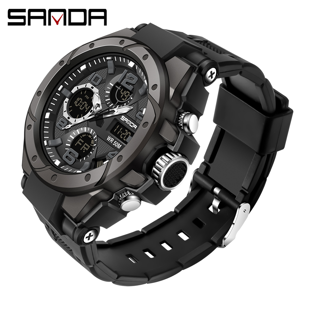 

SANDA Sport Watches Mens 2021 Brand Military Waterproof Shockproof Watch Dual Display Auto Date Male Digital Wristwatches Reloj, Black