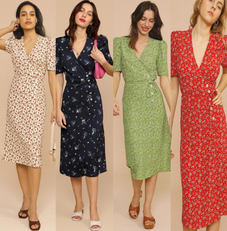 

2022 floral print Lapel Button Waist Dress rouje, Green